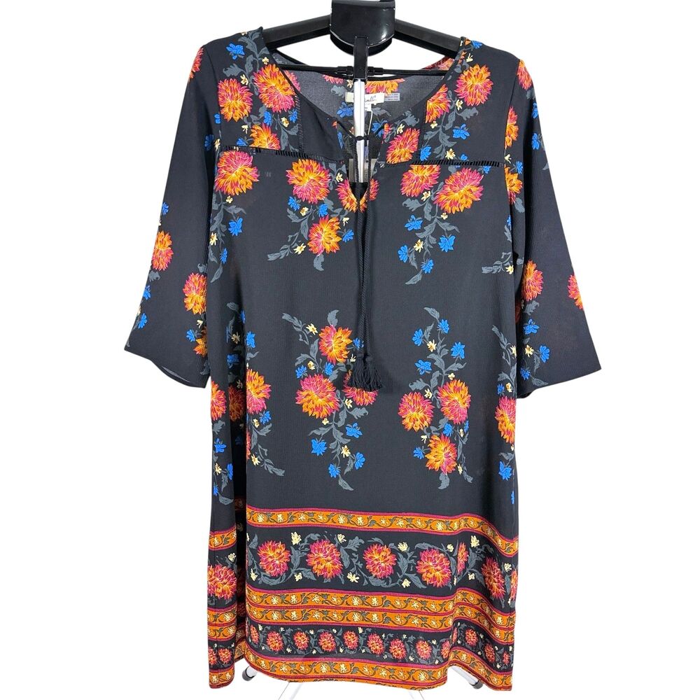 Simply Noelle Black Floral Boho Tassel Long Sleeve Shift‎ NWT Dress Womens Small
